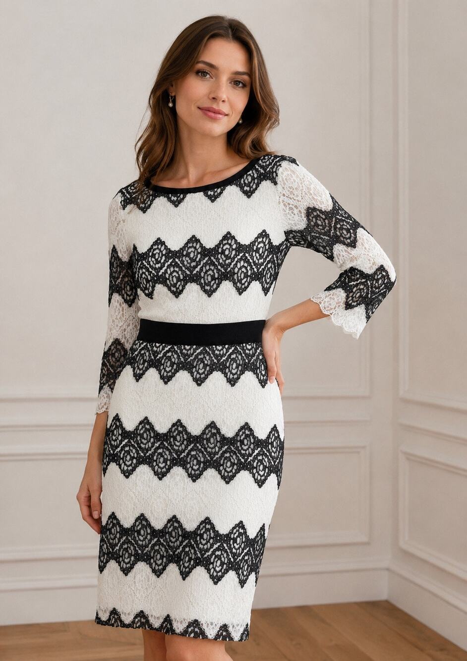 Tadashi Shoji Steffi Mid-Sleeve Lace Dress Ivory Black Size 8 Wedding Cocktail